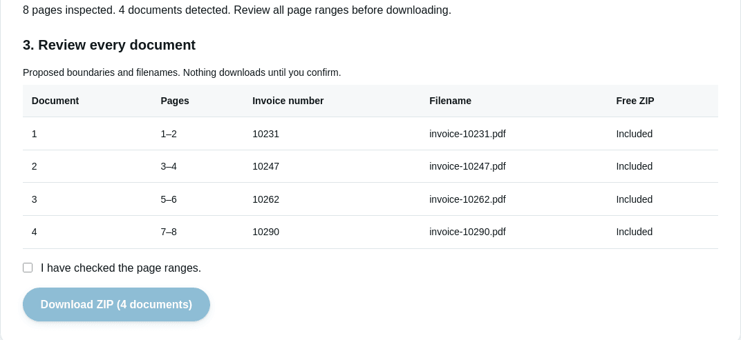 Invoice Splitter after inspecting an 8-page merged PDF: four documents detected, each with its page range, invoice number and the filename it would get.