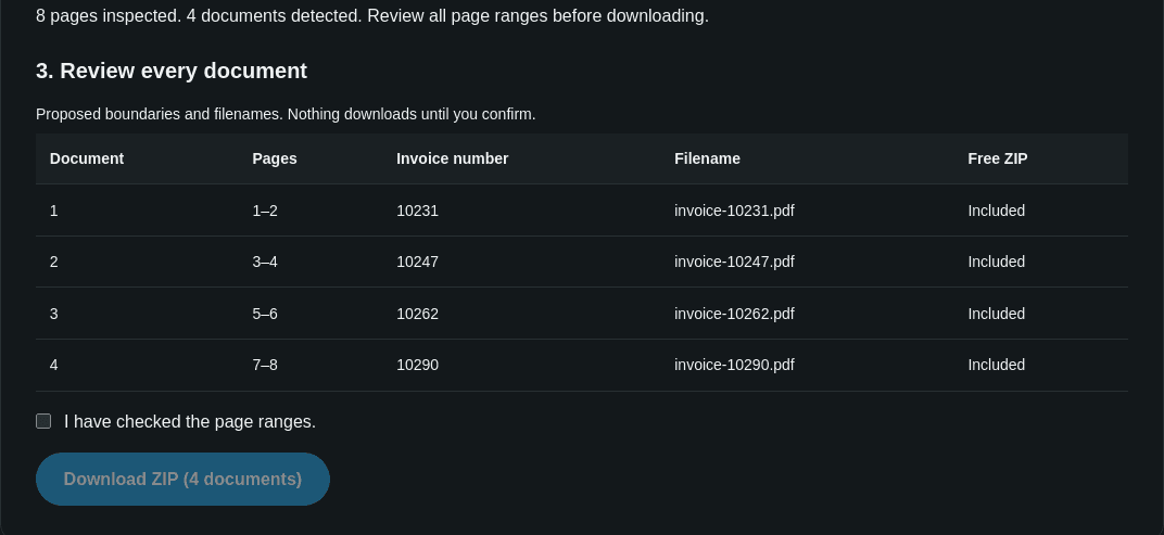 Invoice Splitter after inspecting an 8-page merged PDF: four documents detected, each with its page range, invoice number and the filename it would get.