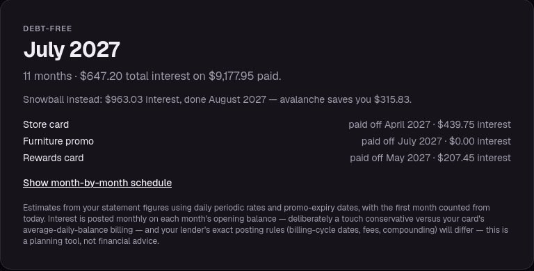 Payoff Lab result: debt-free July 2027 in 11 months with $647.20 total interest; avalanche saves $315.83 versus snowball; three debts each with payoff month and interest.